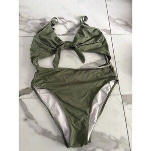 Earthy Olive Green Cutout One Piece Monokini Swimsuit High Cut Waist Tie Large